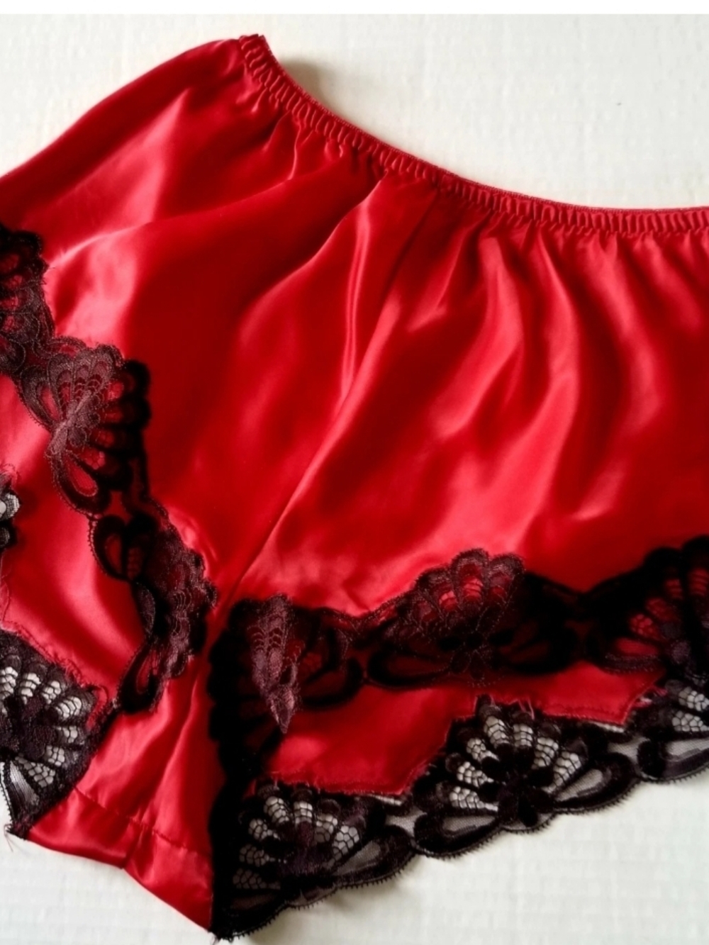 Vintage 1970s Retro Pin Up Girl Red Satin Sleep Shorts with Black Lace Trim